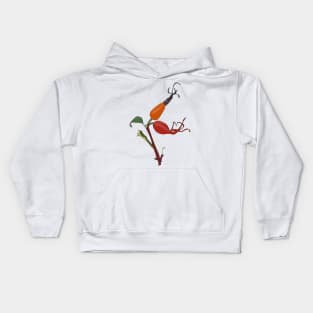 Rose hips on a branch with a green leaf Kids Hoodie